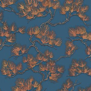 DUTCH WALLCOVERINGS Behang Pine Tree goudkleurig en blauw