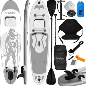 GoodVibes - Stand Up Paddle Board - 320cm - Opblaasbaar SUP Board met Kayak Zitting - Verstelbare Peddel - Handpomp met Manometer - Rugzak - Reparatieset - Camera Houder - Surfboard - Anubis - Zilver