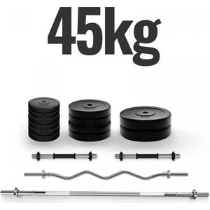 GoodVibes - Complete Dumbbell + Barbell set - Totaal gewicht 45 kg, Rechte Halterstang 165 cm, SZ Curlstang, 2 Dumbbells, Gewichtsschijven