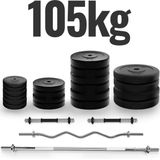 GoodVibes - Complete Dumbbell + Barbell set - Totaal gewicht 105 kg, Rechte Halterstang 165 cm, SZ Curlstang, 2 Dumbbells, Gewichtsschijven