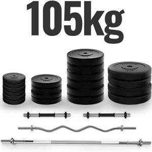 GoodVibes - Complete Dumbbell + Barbell set - Totaal gewicht 105 kg, Rechte Halterstang 165 cm, SZ Curlstang, 2 Dumbbells, Gewichtsschijven