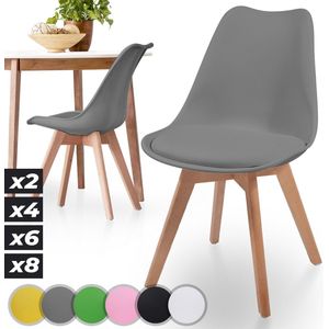 GoodVibes - Eetkamerstoelen set van 2 in Scandinavische Stijl inclusief Gewatteerd Zitkussen - Kunststof Kuip - Massief Beukenhout - Vintage / Retro Design - Keukenstoelen - Grijs