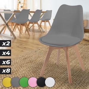 GoodVibes - Eetkamerstoelen set van 6 in Scandinavische Stijl inclusief Gewatteerd Zitkussen - Kunststof Kuip - Massief Beukenhout - Vintage / Retro Design - Keukenstoelen - Grijs