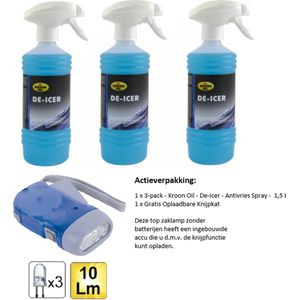 3-pack - Kroon Oil - De-Icer - Antivries Spray- Ruitenontdooier- 1,5 L - Anti vries - Zaklamp/Knijpkat - Set van 4