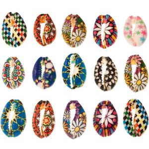 Kauri Schelpjes Bloemenprint (18 - 23 x 13 - 14 x 6 - 8 mm) Mix Color (15 stuks)