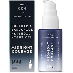 PSA MIDNIGHT COURAGE Rozenbottel- en bakuchiol-retinoïde nachtolie. Gezichtsolie voor nachtelijke huidverzorgingsroutine met 2% retinoïdencomplex, biologische rozenbottel- en baobabolie, bakuchiol-retinol. 15 ml/0,5 oz