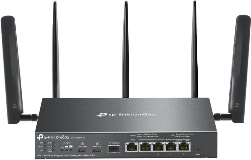 TP-Link - Omada 4G+ Cat6 AX3000 - VPN Gateway - Zwart - Stroomvoorziening via PoE+