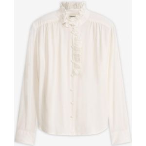 Bubble-tuniek, strepen, overhemdkraag, V-hals, lange mouwen, sneeuwwit