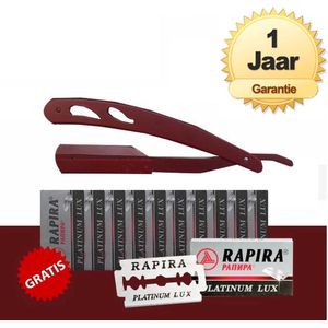 Kapperslook - Klassiek Barbiersmes - Klassiek Scheermes - Klassiek open Scheermes - Razor RVS - Shavette - Klapmes - Kappersmes - Safety razor + 10 Rapira Platinum Lux Scheermessen - Rood