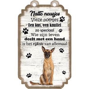 Mechelse Herder. Houten tekstbordje met hond 20 x 12 cm.