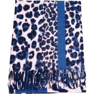 Sjaal Winter Shawl panterprint blokkenmotief blauw - wol/viscose/katoen
