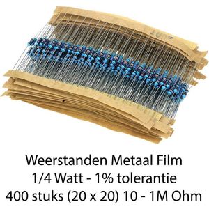 Weerstanden kit - 400 stuks (20x20) - metaal film - 1/4 Watt - 1% tolerantie - 10/1M Ohm