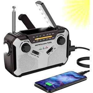 StayPowered Noodradio - Jouw Ultieme Noodradio Voor Onverwachte Situaties! - USB Opladen - met Zonnepaneel - Ingebouwde Powerbank - Zaklamp - AM/FM Radio - SOS Alarm - Grijs - Levering Sneller dan Aangegeven!