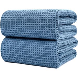 Microvezel badhanddoek - pluisvrij & sneldrogend - wafelstructuur - zeer groot - blauw - 89 x 178 cm - 2 stuks