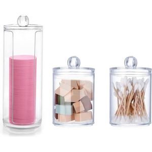 Wattenstaafje houder, 3 Pack Transparant Acryl Katoen Zwabber Ball Pad Opslag Ronde Houder Doos Cosmetische make-up organizer Dispenser Badkamer Jar met Deksel, Transparant, 19x6.7cm/11x7cm