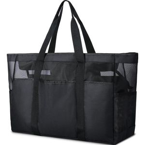 Strandtas XXL familie met ritssluiting voor dames, grote mesh strandtas, shopper, opvouwbare schoudertassen, badtas voor strand, reizen, speelgoedopslag, fitnessstudio, zwart