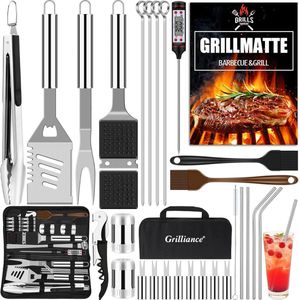 BBQ Set 30 delig + BBQ thermometer - BBQ Accessoires - BBQ Tang - BBQ Borstel - Grillmat - Met Luxe Opberghoes