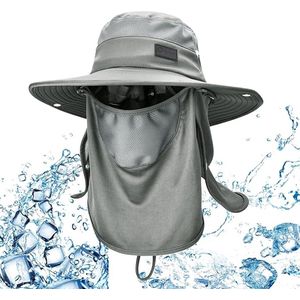 Vissershoed voor mannen en vrouwen, zonnehoed, outdoor, uv-zonnebescherming, tactische vishoed, brede rand, koelende emmerhoed met afneembare halsbescherming en gezichtsbescherming