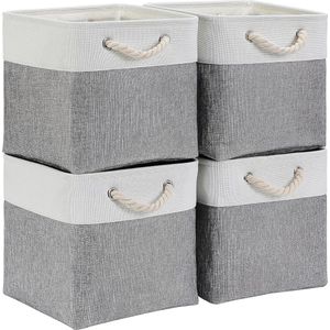 Opbergdoosstof, opbergmand grijswit, mandenstof in blokjes (30x30x30 cm) voor kast, plank en kleding, (opvouwbaar, verpakking van 4