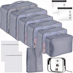 Kofferorganizerset, grijs, 12-delige verpakkingsblokjes voor de perfecte vakantie, reisverpakkingstassenset met make-uptasje, vakantiemusthaves voor rugzak en koffer