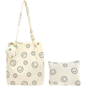 Corduroy tas, draagtas voor dames, cosmeticatas, lachprint, make-up-organizer, reistoilettas, toilettas voor dames, beige, mode