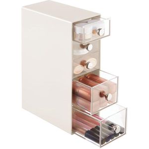 Make-up organizer – opbergdoos met 5 laden voor mascara, poeder, nagellak en meer – ladebox voor badkamer, kaptafel of kantoor – crèmekleurig en transparant