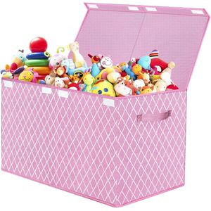 Opbergdoos speelgoedkist met deksel voor kinderen, speelgoed opslag met handgrepen, vouwbox mand voor kinderkamer, kleding, slaapkamer (roze ruit)