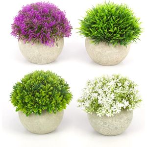 Planten in potten, 4 stuks kleine decoratieve kunstbloemen en gras met grijze pot, kunstmatige plastic groene planten voor interieurdecoratie, kunstmatige kunstplanten op kantoor en in de slaapkamer