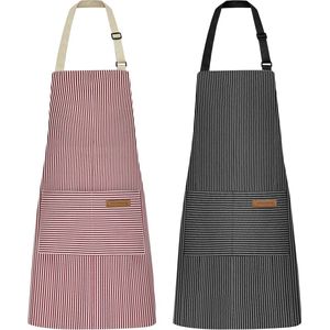 Set van 2 kookschorten voor dames, keukenschort met 2 zakken voor koken, bakken, schilderen, huishoudelijk werk (zwarte krijtstrepen/roze krijtstrepen)