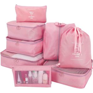 Set van 8 stuks, multifunctionele koffer-organizerset, waterdichte packing cubes, kofferorganizer, kledingtassen voor kleding, schoenentas, cosmeticatas voor reizen (roze)