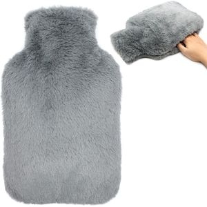 Warmwaterkruik met overtrek, wollig, knuffelzachte bontovertrek met kangoeroezak voor handen, 2 liter, grote inhoud, rubberen warmtefles, bedfles voor volwassenen, cadeau voor vrouwen, handwarmer, grijs