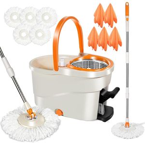 Dweilmopset met emmer, vloerwisser met centrifugesysteem, 5 microvezel reservekoppen en 5 doeken, 145 cm RVS stalen telescoopstaal en voetpedaal, spinmop met uitwringfunctie voor vloerreiniging