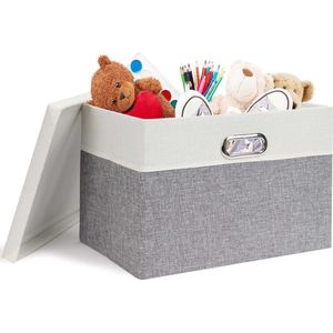 Opbergdoos met deksel, kleine opvouwbare stoffen opbergkubus, mand, afvalorganizer, lichtgrijs/wit, klein, 34 x 25 x 18 cm, 3 stuks