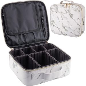Cosmeticatas, make-uptas, draagbare reis-make-uptas, waterdichte make-uptas, reis-cosmeticakoffer met afneembare verstelbare scheidingswanden, voor cosmetica, make-up-kwasten, PU-kunststof, marmerleer, wit, 25.5*23*9cm