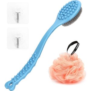 QiCheng&LYS Badborstel met lange steel, Rugborstel met lange steel, Rugborstel Douche Plastic Zachte Lichaamsbadspons Douchespons, Loofah Ballen, met 2 Zelfklevende Haken (Blauw + Roze)