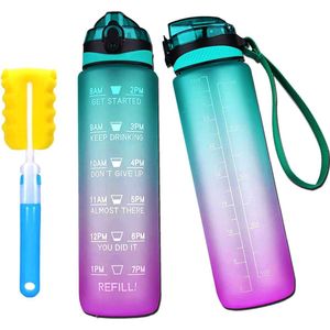 Drinkfles met rietje, 1 liter, waterfles met tijdmarkeringen en reinigingsborstel, BPA-vrij Tritan, 1 klik openen in waterfles voor fiets, camping, yoga, gym, kinderen
