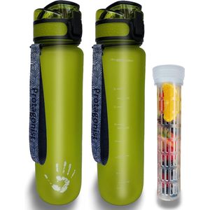 Drinkfles, Tritan Bottle - 1L - BPA-vrij - waterfles voor sport, fitness, fiets, outdoor en universiteit - licht, onbreekbaar, duurzaam + soft-touch + fruithouder (Apple groen)