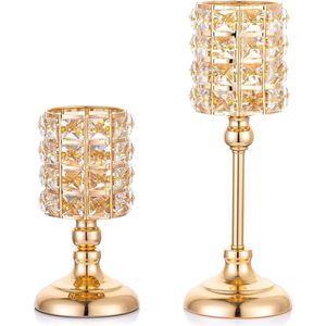 Kaarsenhouder Kristallen glazen theelichthouder, set van 2 gouden kaarsenhouders voor stompkaarsen, metaal, moderne kaarsenhouder voor bruiloft, eettafel, verjaardag, feest, woonkamer, tafel.
