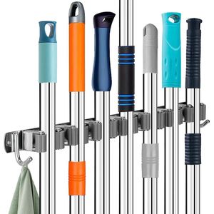 Bezemhouder, Bezemhouder, Wandgereedschapshouder, Roestvrij staal met 7 houders en 2 haken, Bezem- en dweilhouder, Wandmontage voor thuis, keuken, badkamer, garage, tuin (grijs)