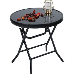 Opvouwbare ronde bijzettafel van glas en metaal voor in de tuin, salontafel, kleine balkontafel. Weerbestendig en gemakkelijk te onderhouden voor op het balkon, in de tuin, op het terras of in de woonkamer.