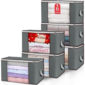 Joy Pack van 6 opbergzakken, opbergdozen met deksel, groot formaat, opbergbox voor kleding, dekbedden en beddengoed, kledingopbergdozen (grijs)
