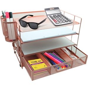 Bureaubeheerder met 4 planken, papieren brievenbakje met lade en 2 pennenhouders, gaas kantoorbenodigdheden, bureaubeheerder voor thuis en kantoor, roségoud.