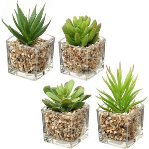 Kunstmatige Vetplant, Kamerplant, Decoratieve Woonkamer, Badkamer Decoratieve Plant, Hoogte 10,5 cm, in Glazen Pot, Set van 4.