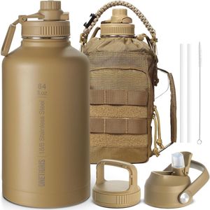 Roestvrijstalen waterfles, waterfles, 1,9 L hoge capaciteit, sportfles met goede isolatie-effect voor fietsen, kamperen, yoga, sportschool, airsoft, Coyote Brown, 64 oz.