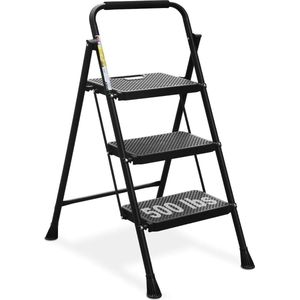 3-staps ladder, inklapbare kruk met brede antislip pedaal, stevige stalen ladder van 228 kg, comfortabele handgreep, lichtgewicht, draagbare stalen kruk, zwart.