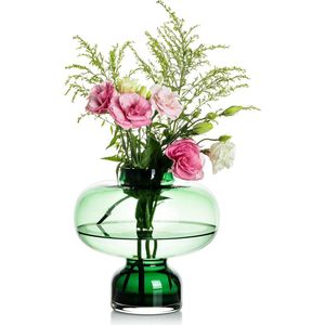 Glazen vaas voor bloemen, Groene kunstvaas, Moderne smalle halsvaas voor tafeldecoratie, Bruiloftsmiddelpunt voor rozen, hortensia's, narcissen, Kunstmatige bloemen met lange stelen.