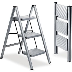 Ladder 3 treden, Opvouwbare trapladder met brede antislip pedaal, Huishoudtrap, Maximale belasting 150 kg, Draagbare stalen trapladder, Zilvergrijs.