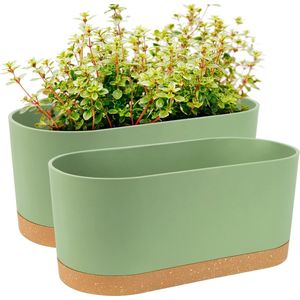 Pakket van 2 raamboxen, plantenbakken, 40 x 17,8 cm, zelfwaterende potten met afvoergaten en dienbladen, moderne decoratieve bloempot voor alle kamerplanten, bloemen, kruiden (groen)