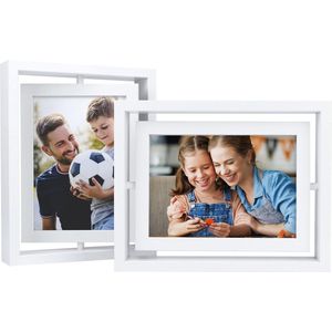 Set of 2 360° Rotating Picture Frames 13 x 18 cm with Double Glass, White Wooden Photo Frame for Vertical or Horizontal Display on the Table