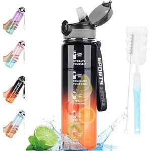 Waterfles, 1 liter doorzichtige waterfles met rietje, BPA-vrije sportfles, vaatwasmachinebestendig, lekvrij, motiverende waterfles met tijdsaanduidingen voor school, sport (zwart oranje)